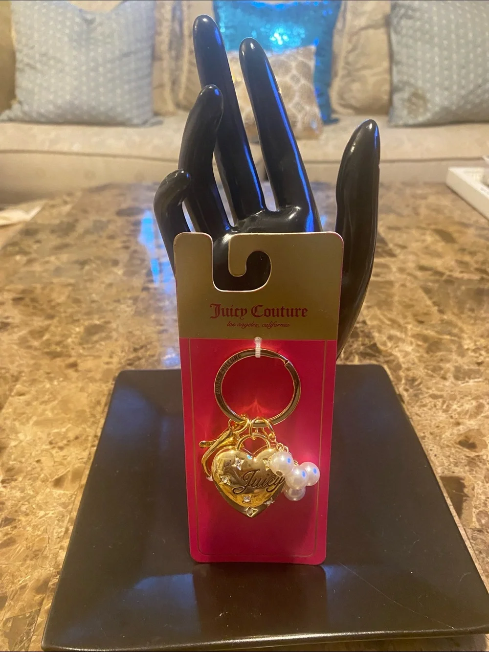 Juicy Couture Gold Heart Keyring with Pearl Charms
